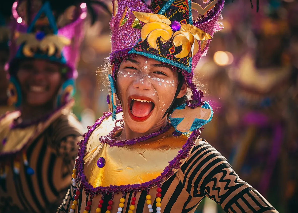 Sinulog dancers in bright costumes raising Santo Niño replicas during the grand parade in Cebu City