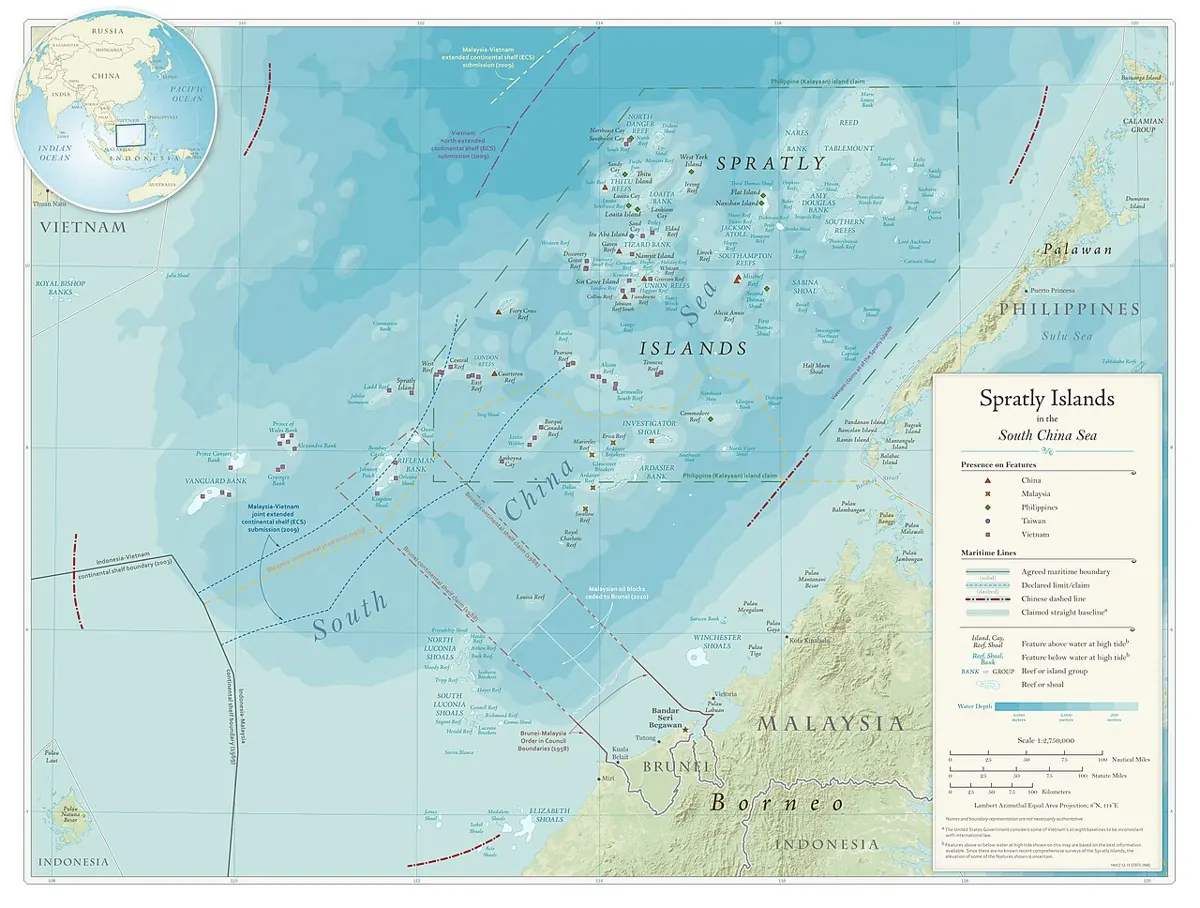 Map-style aerial view of small reefs and islands in the Spratly group in the South China Sea